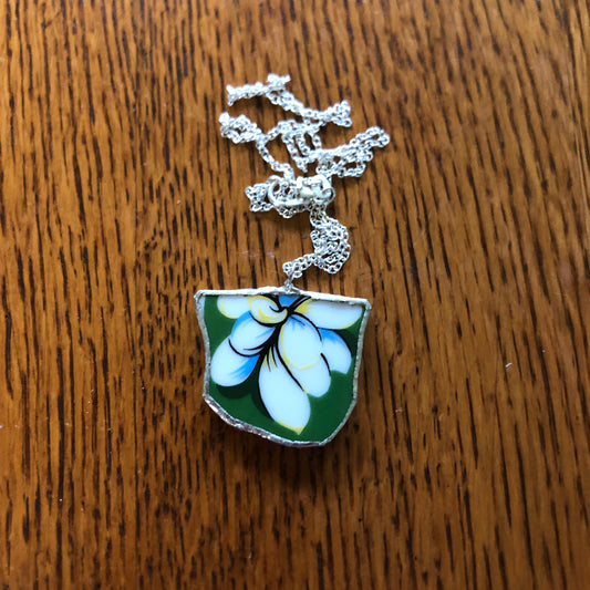Broken Pottery Artisan Made Plumeria Flower Pendent Hawaii Collectors Plate Handcrafted Necklace 1.25in x 1.in
