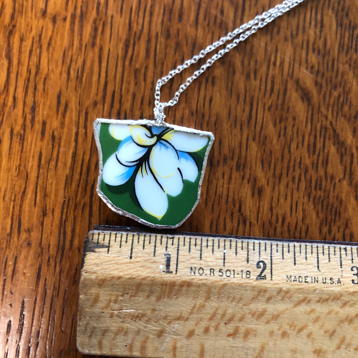 Broken Pottery Artisan Made Plumeria Flower Pendent Hawaii Collectors Plate Handcrafted Necklace 1.25in x 1.in