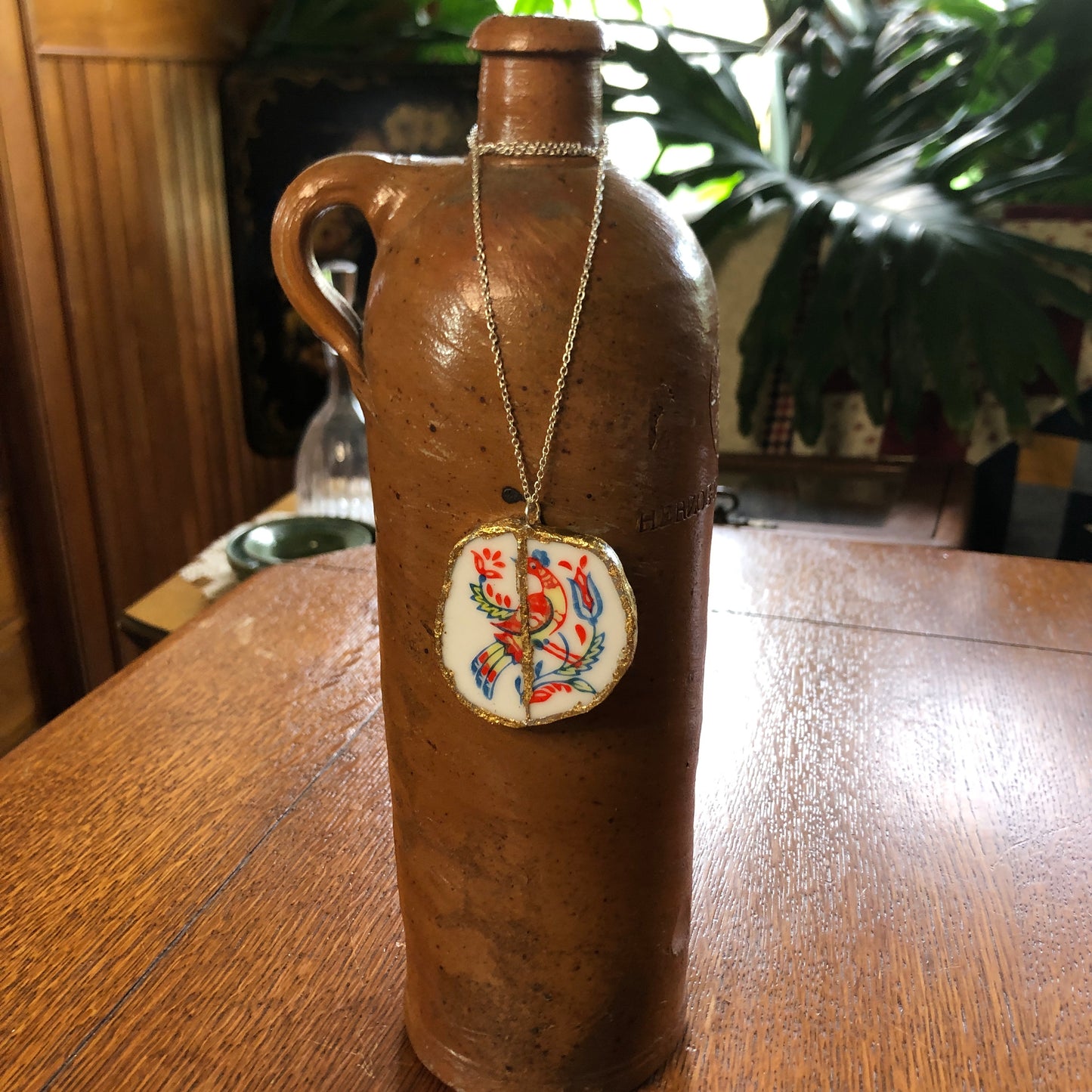 Broken Pottery Artisan Made Pendent Norcrest Hand Painted Plate Handcrafted Necklace 2in x 2in