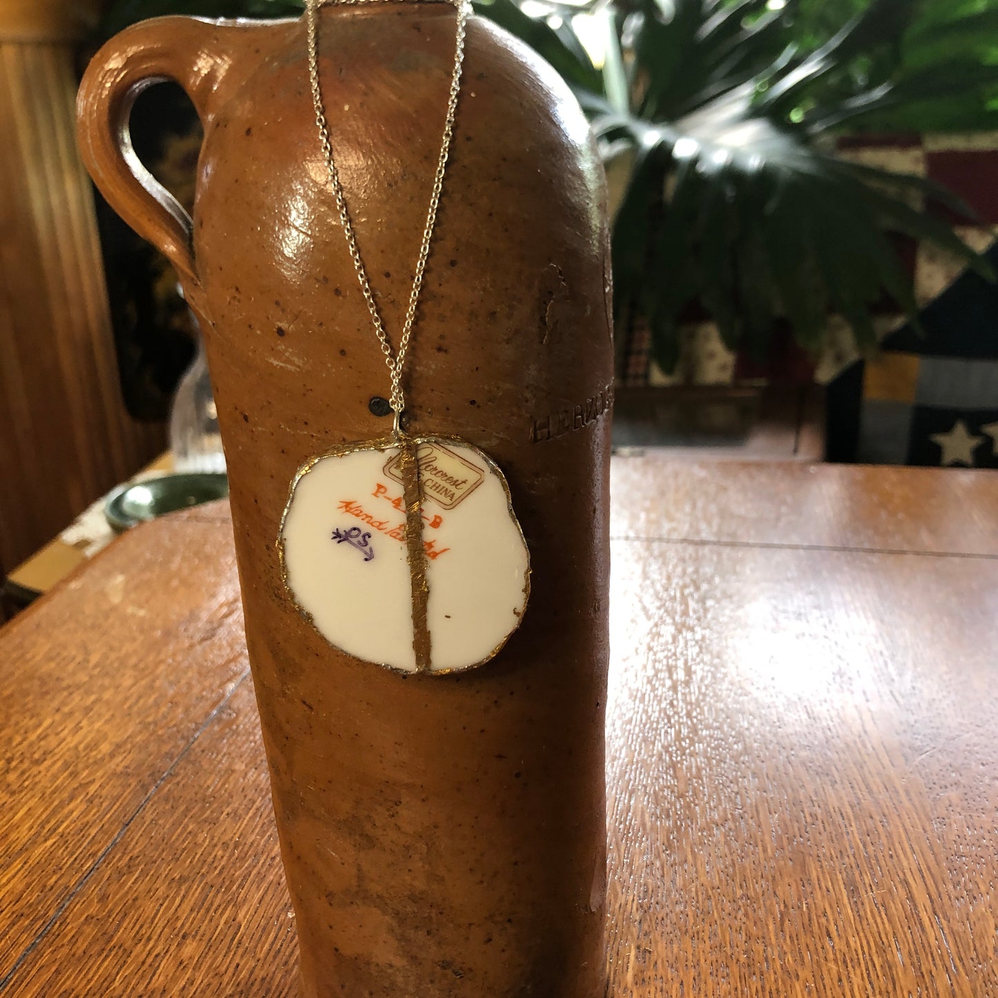 Broken Pottery Artisan Made Pendent Norcrest Hand Painted Plate Handcrafted Necklace 2in x 2in