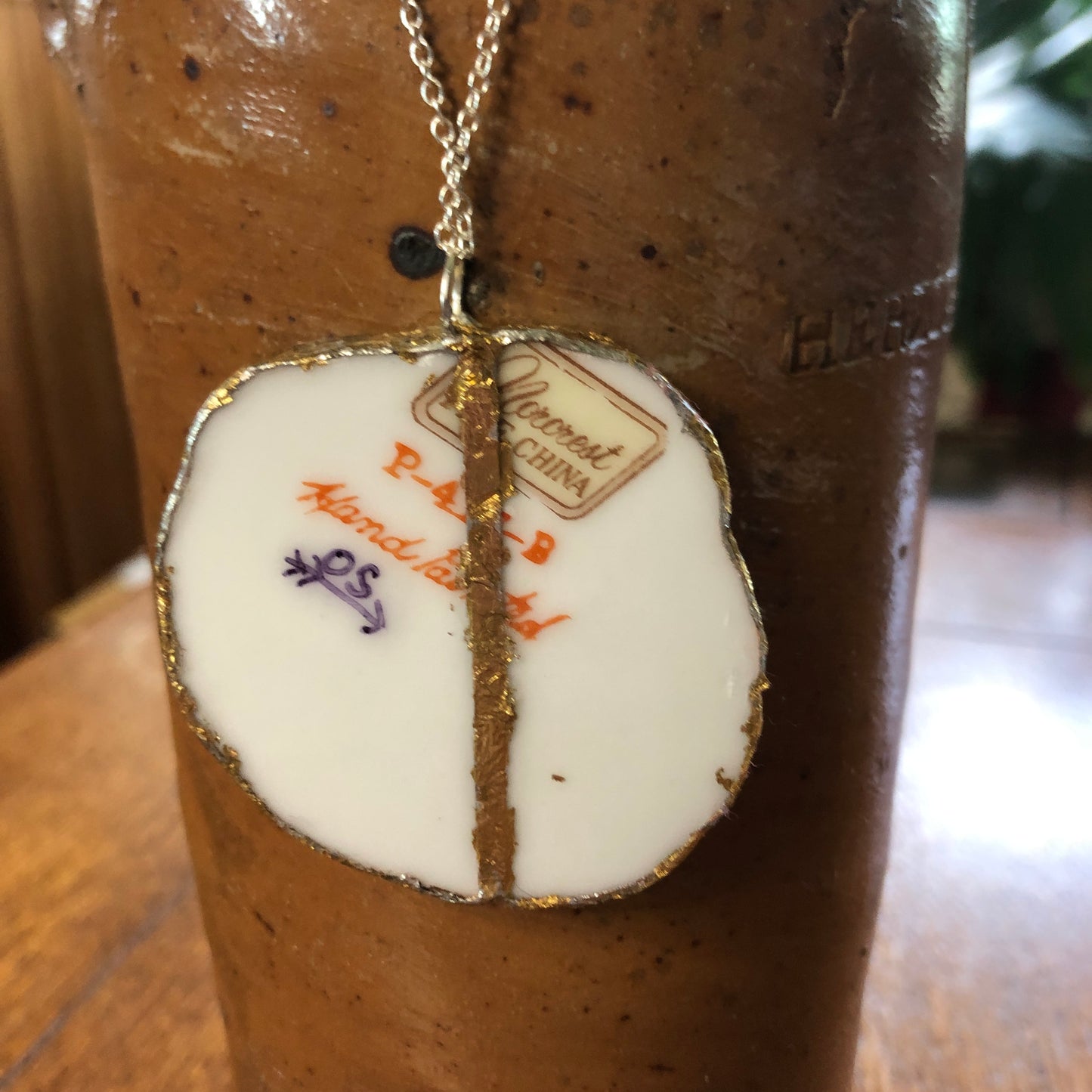 Broken Pottery Artisan Made Pendent Norcrest Hand Painted Plate Handcrafted Necklace 2in x 2in