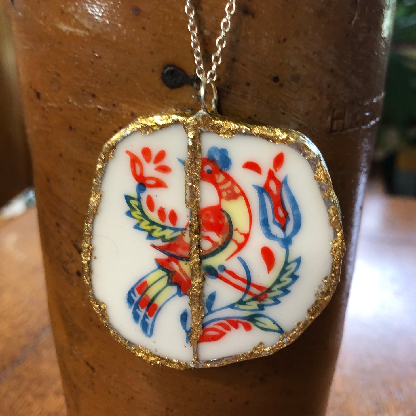 Broken Pottery Artisan Made Pendent Norcrest Hand Painted Plate Handcrafted Necklace 2in x 2in