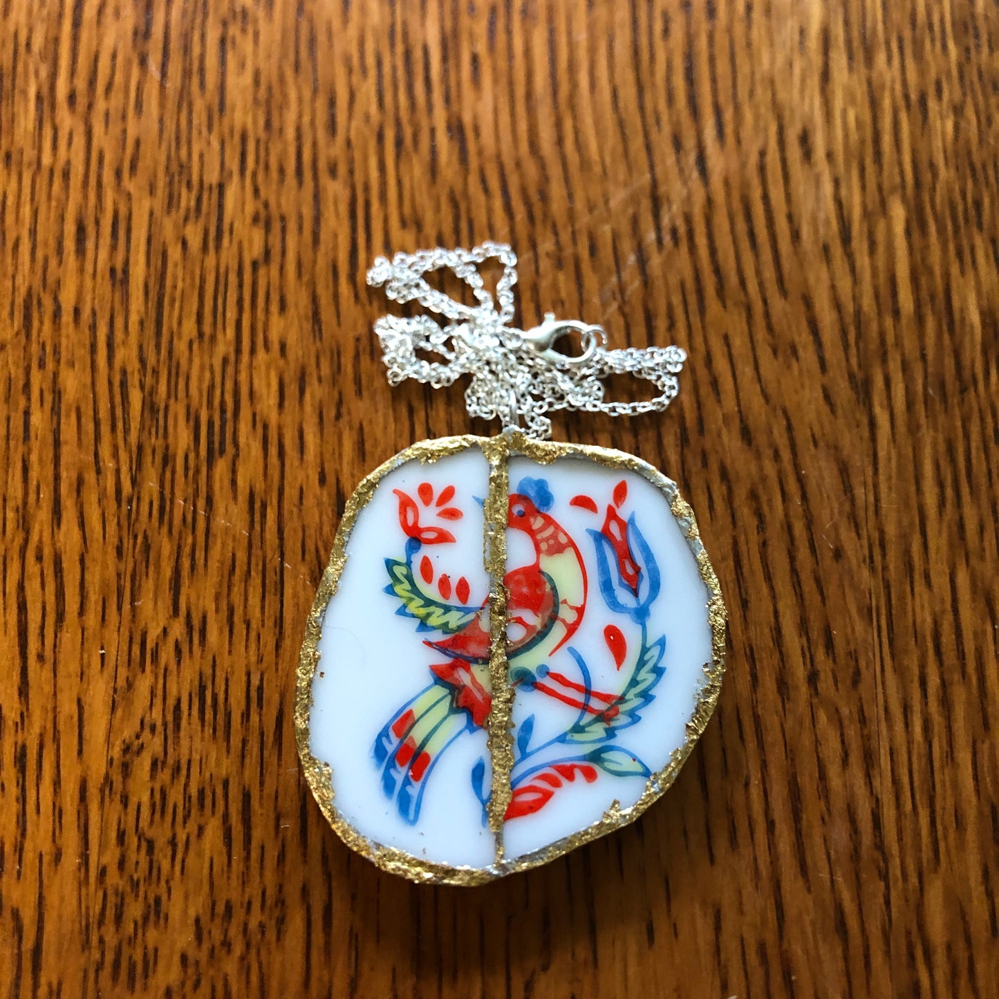 Broken Pottery Artisan Made Pendent Norcrest Hand Painted Plate Handcrafted Necklace 2in x 2in