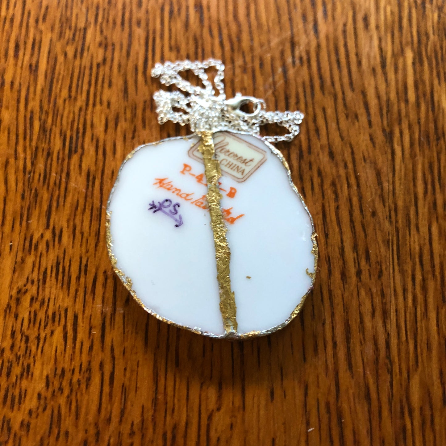 Broken Pottery Artisan Made Pendent Norcrest Hand Painted Plate Handcrafted Necklace 2in x 2in