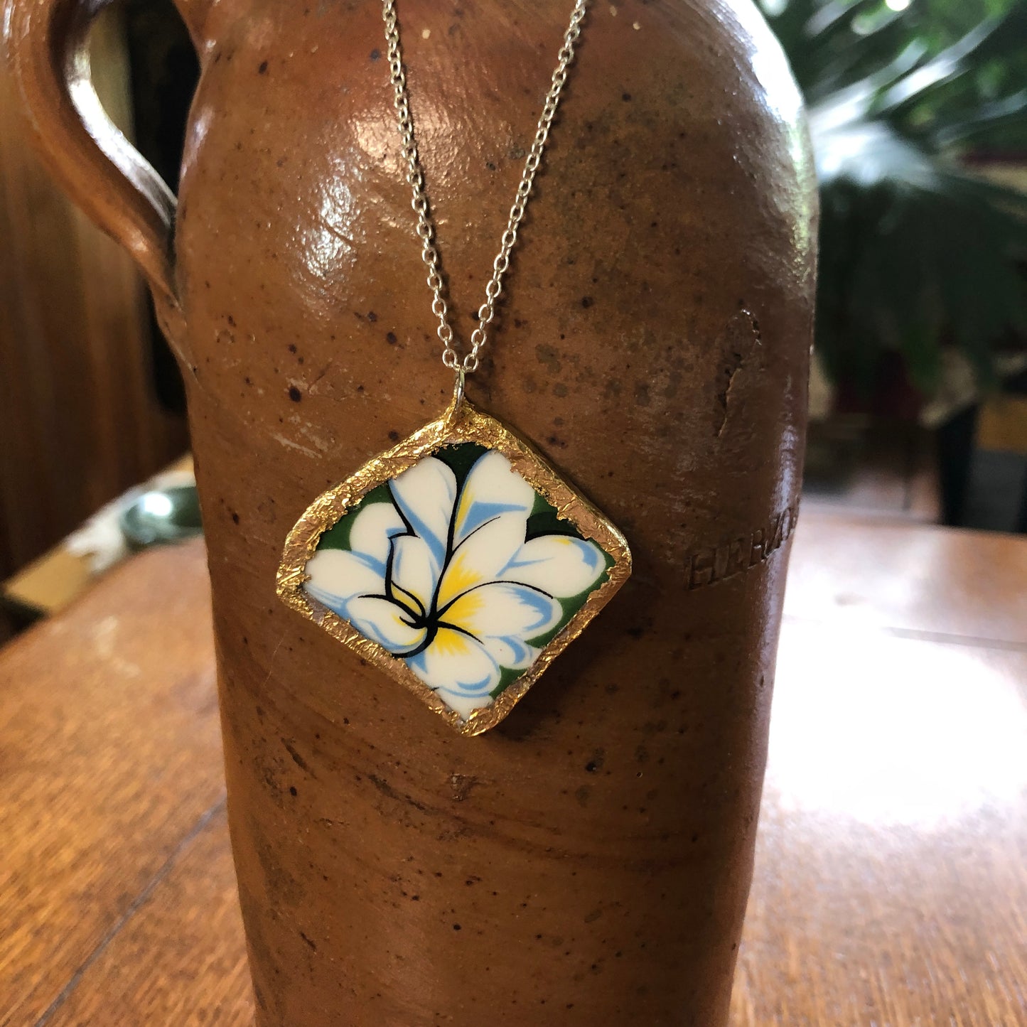 Broken Pottery Artisan Made Plumeria Flower Pendent Hawaii Collectors Plate Handcrafted Necklace 1.5in x 1.5in