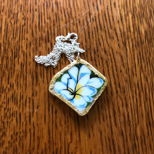 Broken Pottery Artisan Made Plumeria Flower Pendent Hawaii Collectors Plate Handcrafted Necklace 1.5in x 1.5in