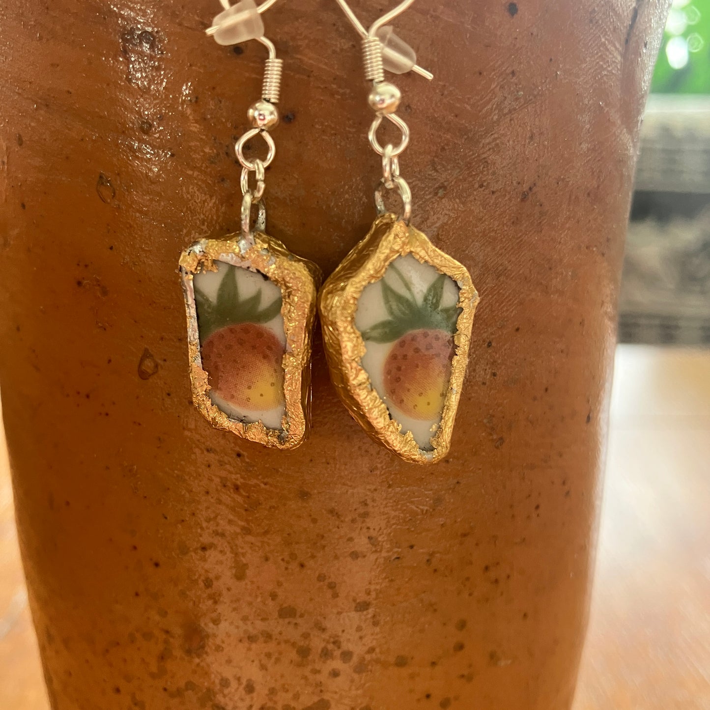 Broken Pottery Artisan Made Earrings Royal Doulton Strawberry Cream Dinner Plate Handcrafted Dangle Earrings