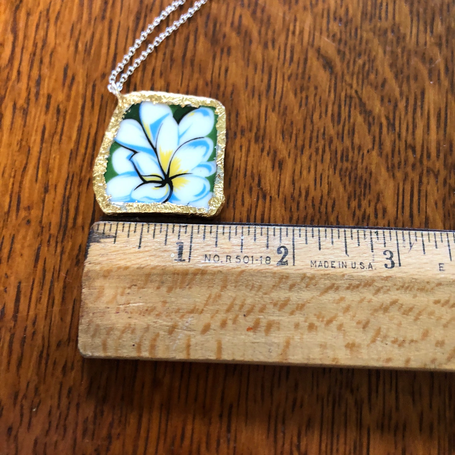 Broken Pottery Artisan Made Plumeria Flower Pendent Hawaii Collectors Plate Handcrafted Necklace 1.5in x 1.5in