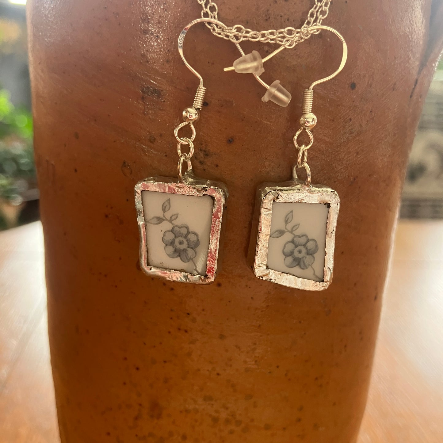 Broken Pottery Artisan Made Floral Earrings Johann Haviland Blue Garland Plate Handcrafted Dangle Earrings