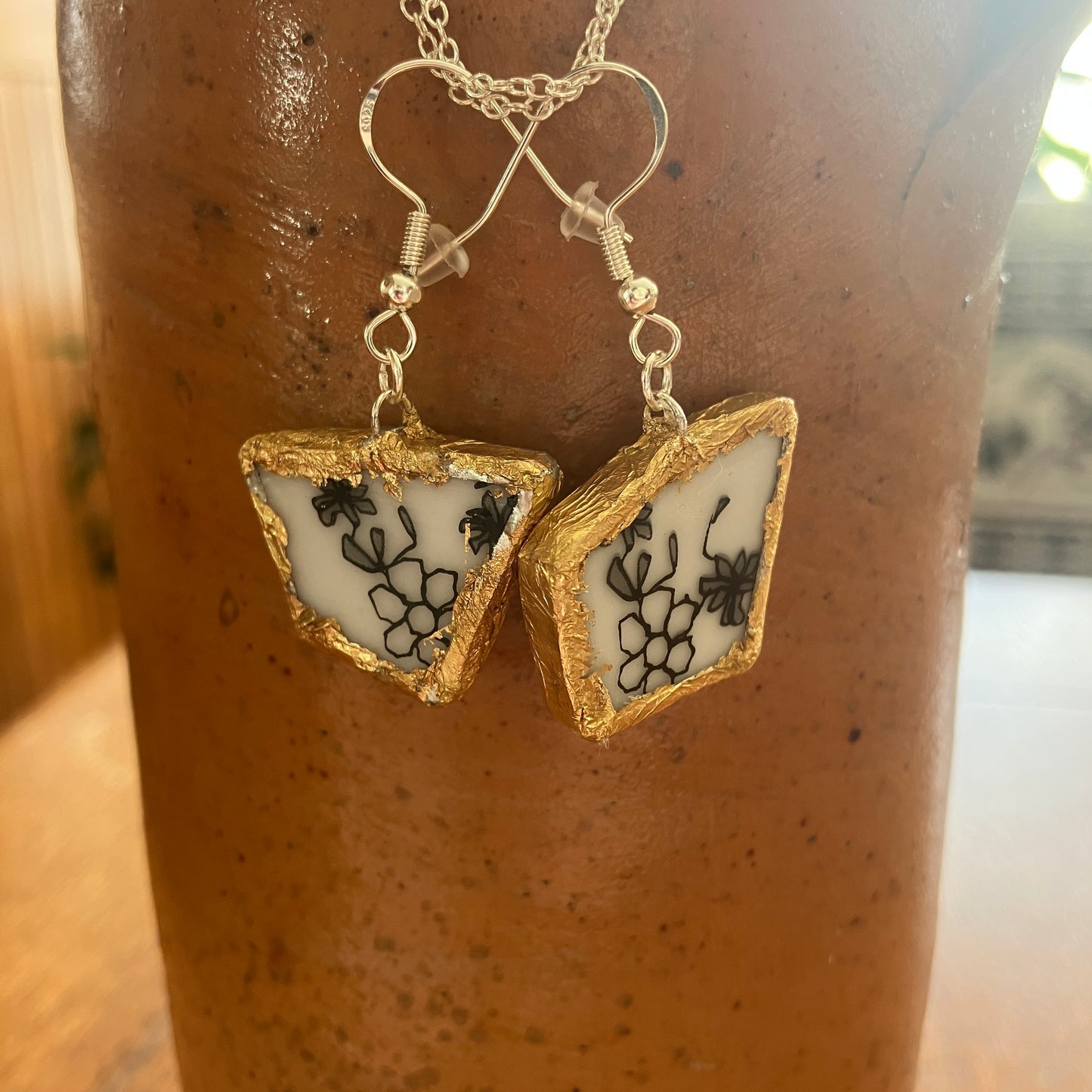 Broken Pottery Artisan Made Floral Earrings Peanuts Plate Handcrafted Dangle Earrings