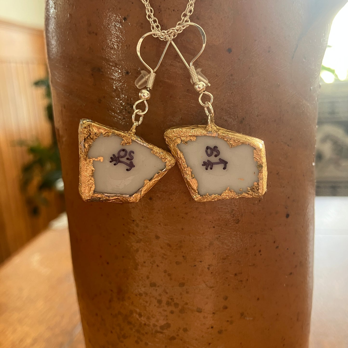 Broken Pottery Artisan Made Floral Earrings Peanuts Plate Handcrafted Dangle Earrings