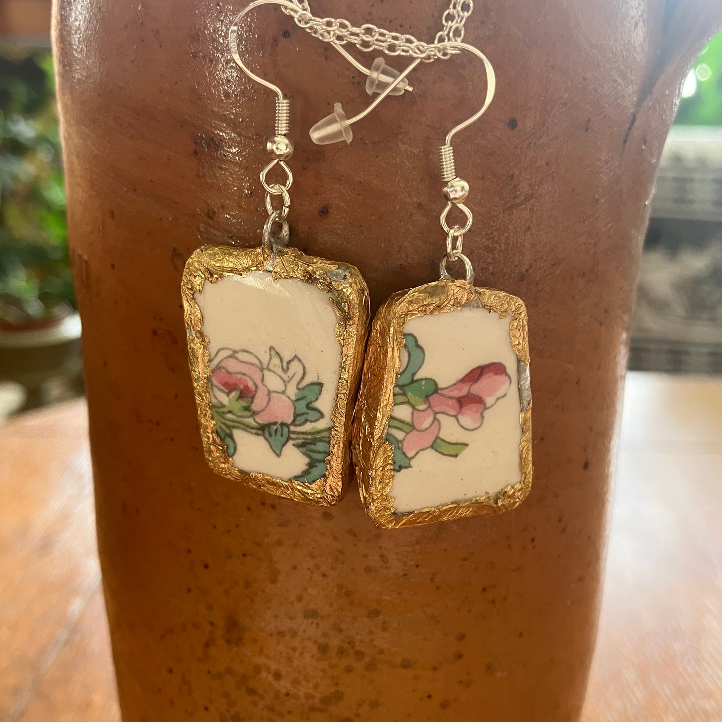 Broken Pottery Artisan Made Broken Crown Clarence Staffordshire Indian Tree Plate Handcrafted Dangle Earrings