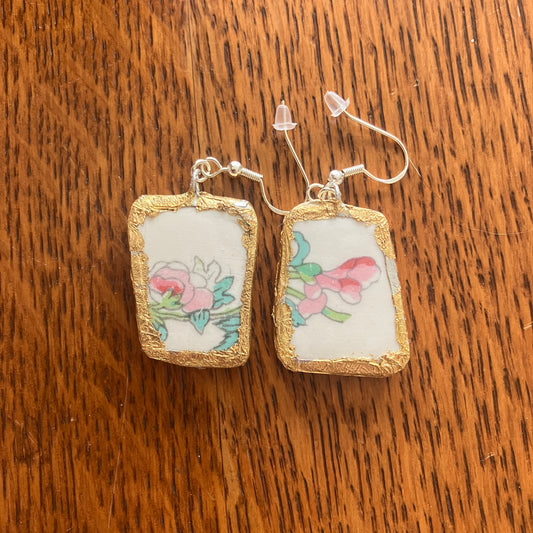 Broken Pottery Artisan Made Broken Crown Clarence Staffordshire Indian Tree Plate Handcrafted Dangle Earrings
