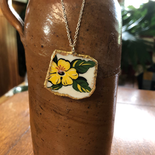 Broken Pottery Artisan Made Allamanda Flower Pendent Hawaii Collectors Plate Handcrafted Necklace 1.5in x 1.25in