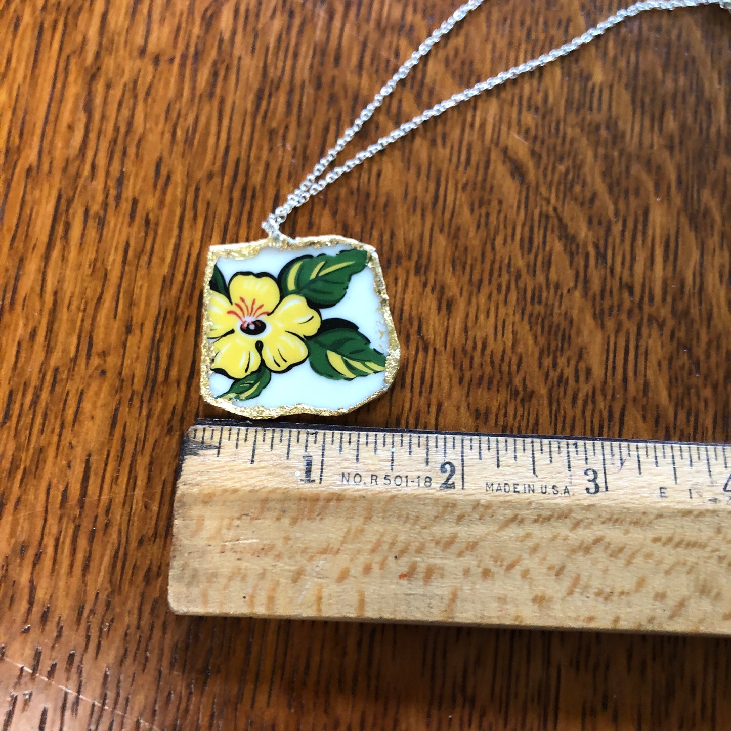 Broken Pottery Artisan Made Allamanda Flower Pendent Hawaii Collectors Plate Handcrafted Necklace 1.5in x 1.25in