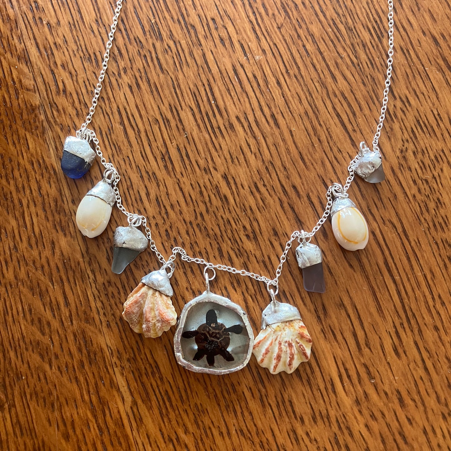 Sea Turtle Charm Necklace With Erie Glass, Kitten Paws, And Atlantic Yellow Cowrie Shells