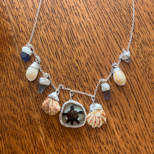 Sea Turtle Charm Necklace With Erie Glass, Kitten Paws, And Atlantic Yellow Cowrie Shells