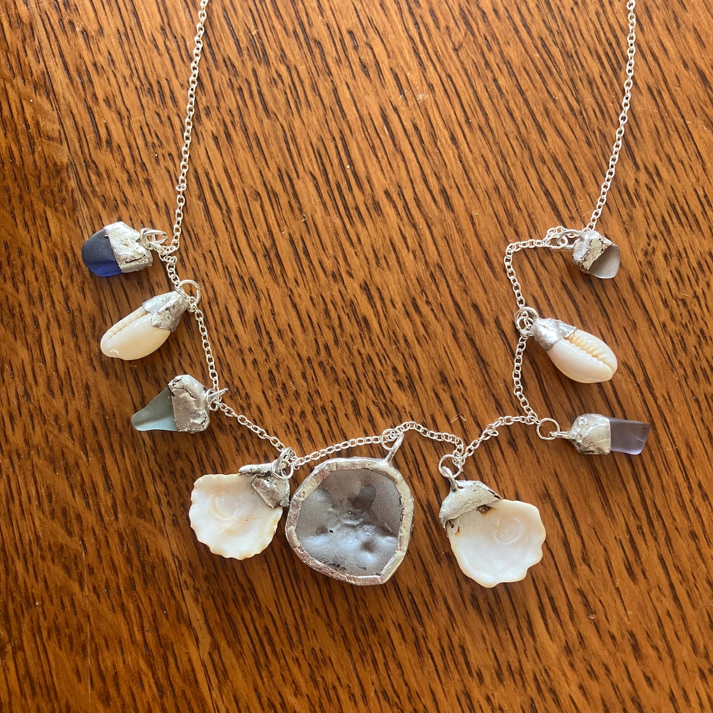 Sea Turtle Charm Necklace With Erie Glass, Kitten Paws, And Atlantic Yellow Cowrie Shells
