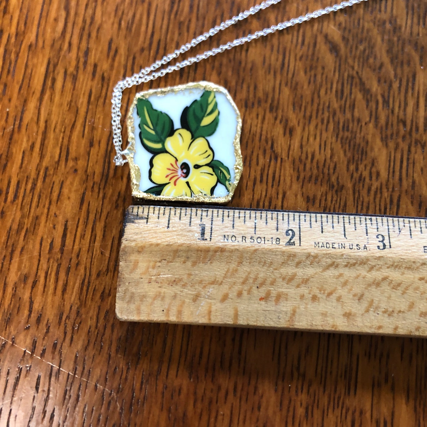 Broken Pottery Artisan Made Allamanda Flower Pendent Hawaii Collectors Plate Handcrafted Necklace 1.5in x 1.25in