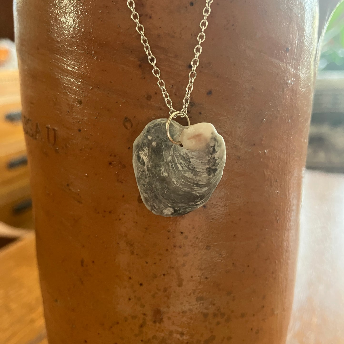 Oyster Shell Artisan Made Pendant Handcrafted Sea Shell Necklace 13/16in x 7/8in Mermaid Jewelry