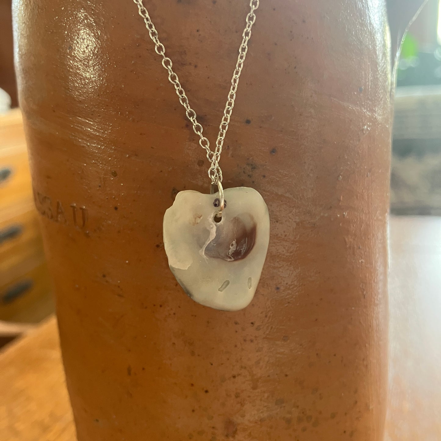 Oyster Shell Artisan Made Pendant Handcrafted Sea Shell Necklace 13/16in x 7/8in Mermaid Jewelry