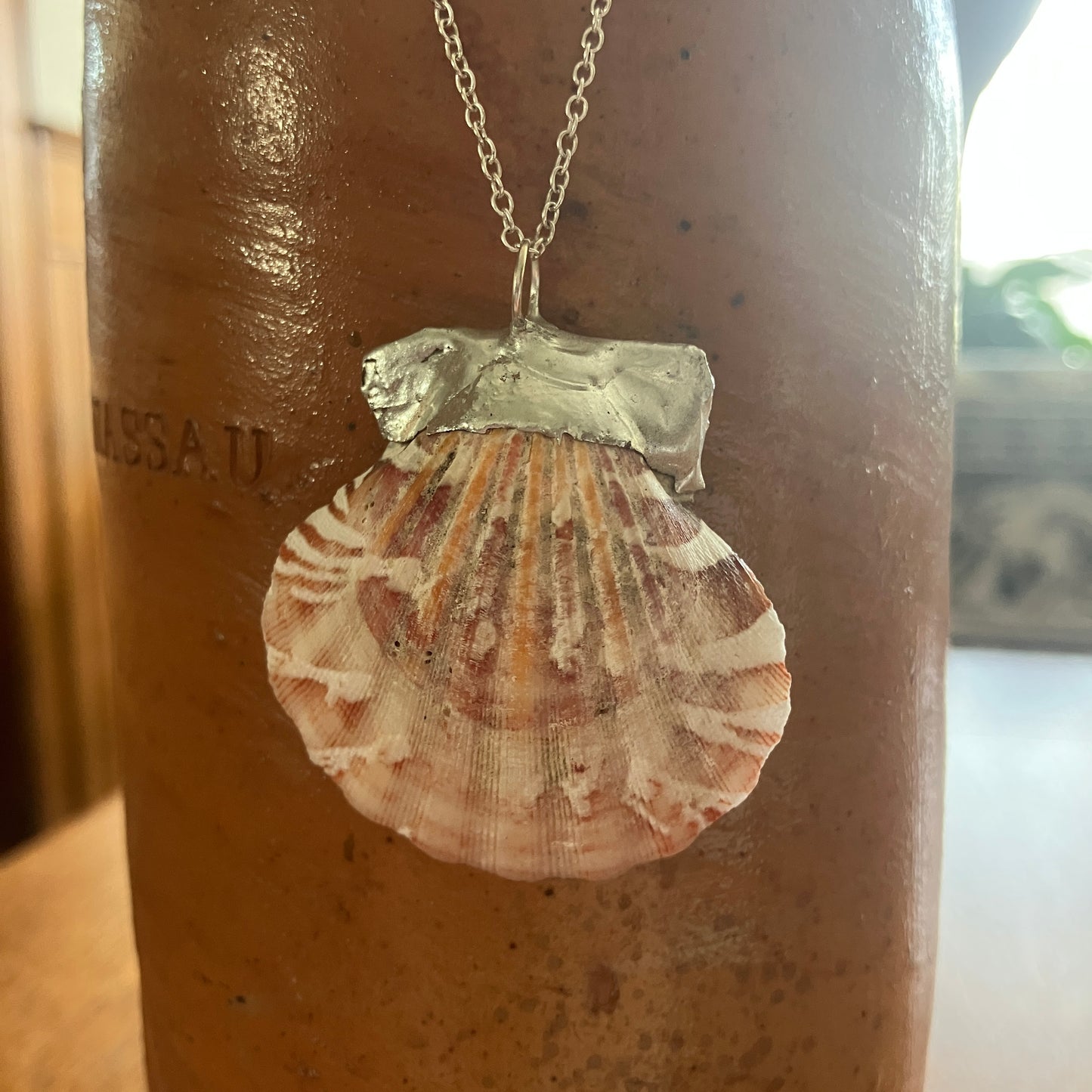 Pacific Pink Scallop Artisan Made Pendant Handcrafted Sea Shell Necklace 1 5/8in x 1.75in