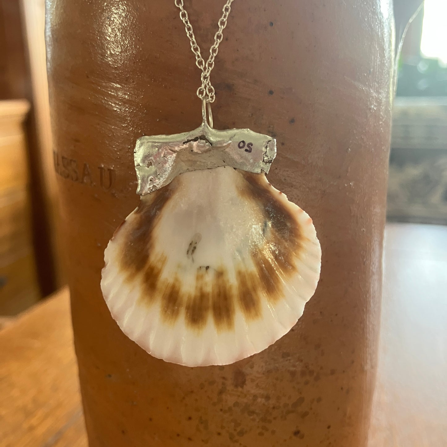 Pacific Pink Scallop Artisan Made Pendant Handcrafted Sea Shell Necklace 1 5/8in x 1.75in