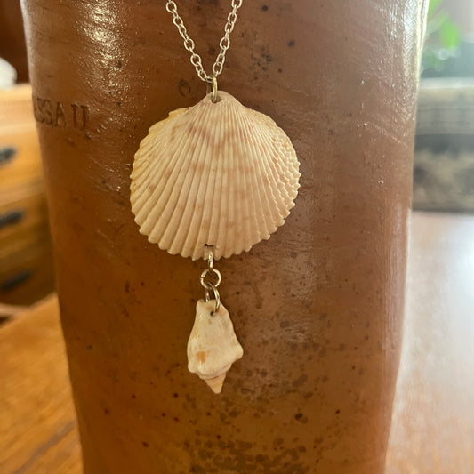 Scallop And Tiny Sea Shell Artisan Made Pendant Handcrafted Sea Shell Necklace 1 1/8in x 2 1/8in Mermaid Jewelry