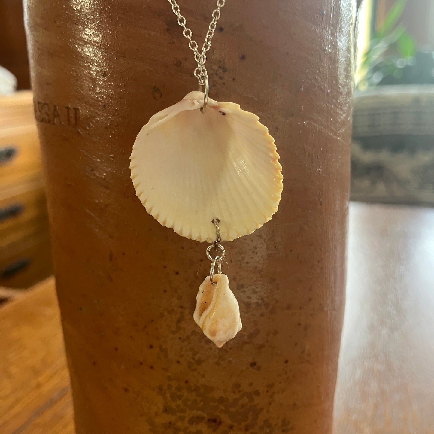 Scallop And Tiny Sea Shell Artisan Made Pendant Handcrafted Sea Shell Necklace 1 1/8in x 2 1/8in Mermaid Jewelry