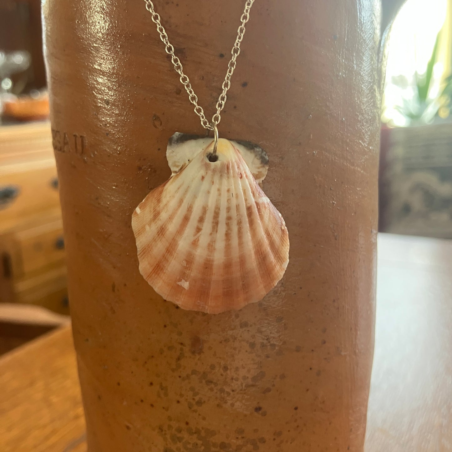 Pacific Pink Scallop Artisan Made Pendant Handcrafted Sea Shell Necklace 1 3/8in x 1.5in Mermaid Jewelry