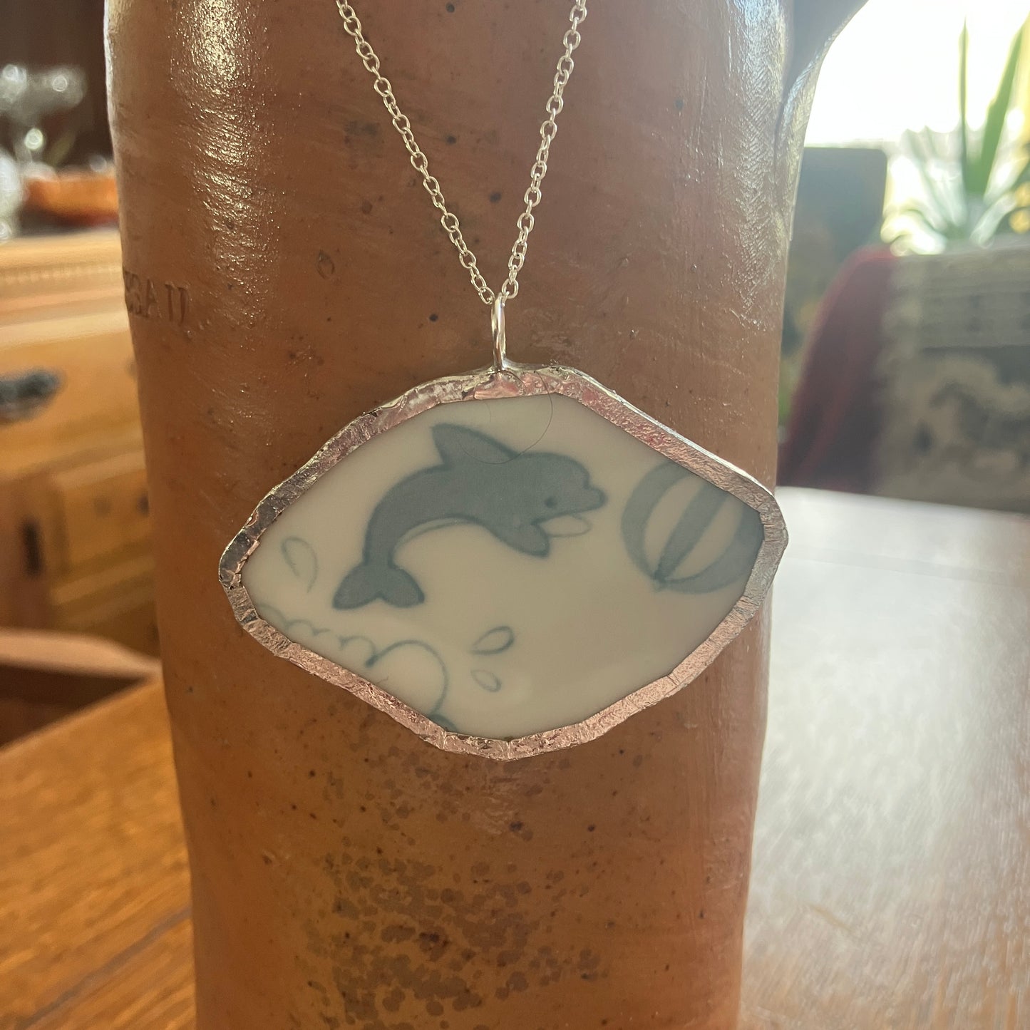 Broken Pottery Artisan Made Dolphin Pendant Haruka Japan Bowl Handcrafted Necklace 2 3/8 in x 1.5 in