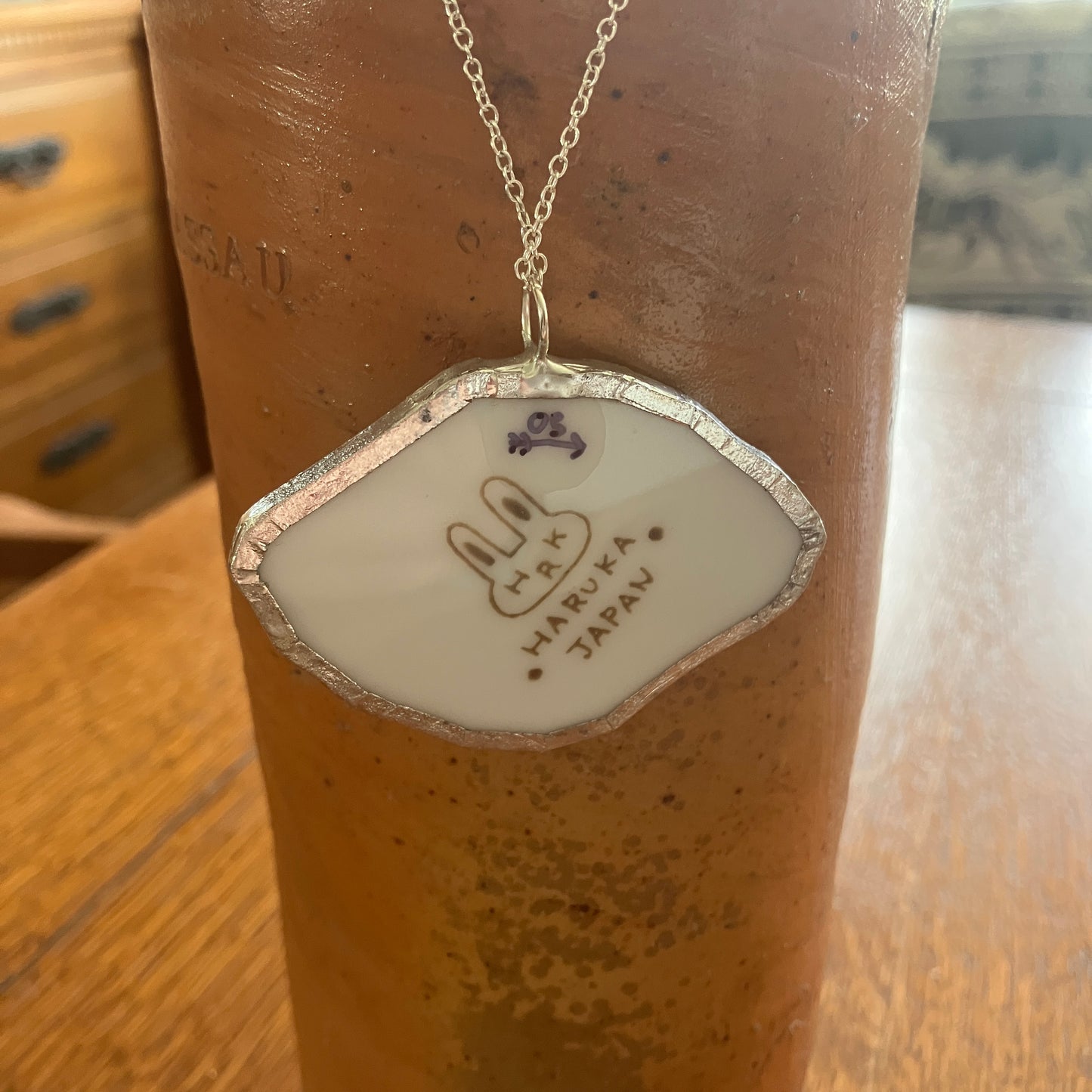Broken Pottery Artisan Made Dolphin Pendant Haruka Japan Bowl Handcrafted Necklace 2 3/8 in x 1.5 in