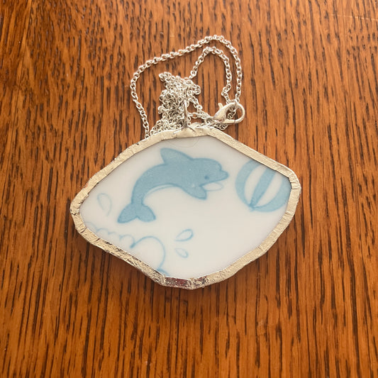 Broken Pottery Artisan Made Dolphin Pendant Haruka Japan Bowl Handcrafted Necklace 2 3/8 in x 1.5 in