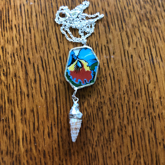 Broken Pottery Artisan Made Orchid Flower Cerith Shell Pendent Hawaii Collectors Plate Handcrafted Necklace 2.75in x 7/8in