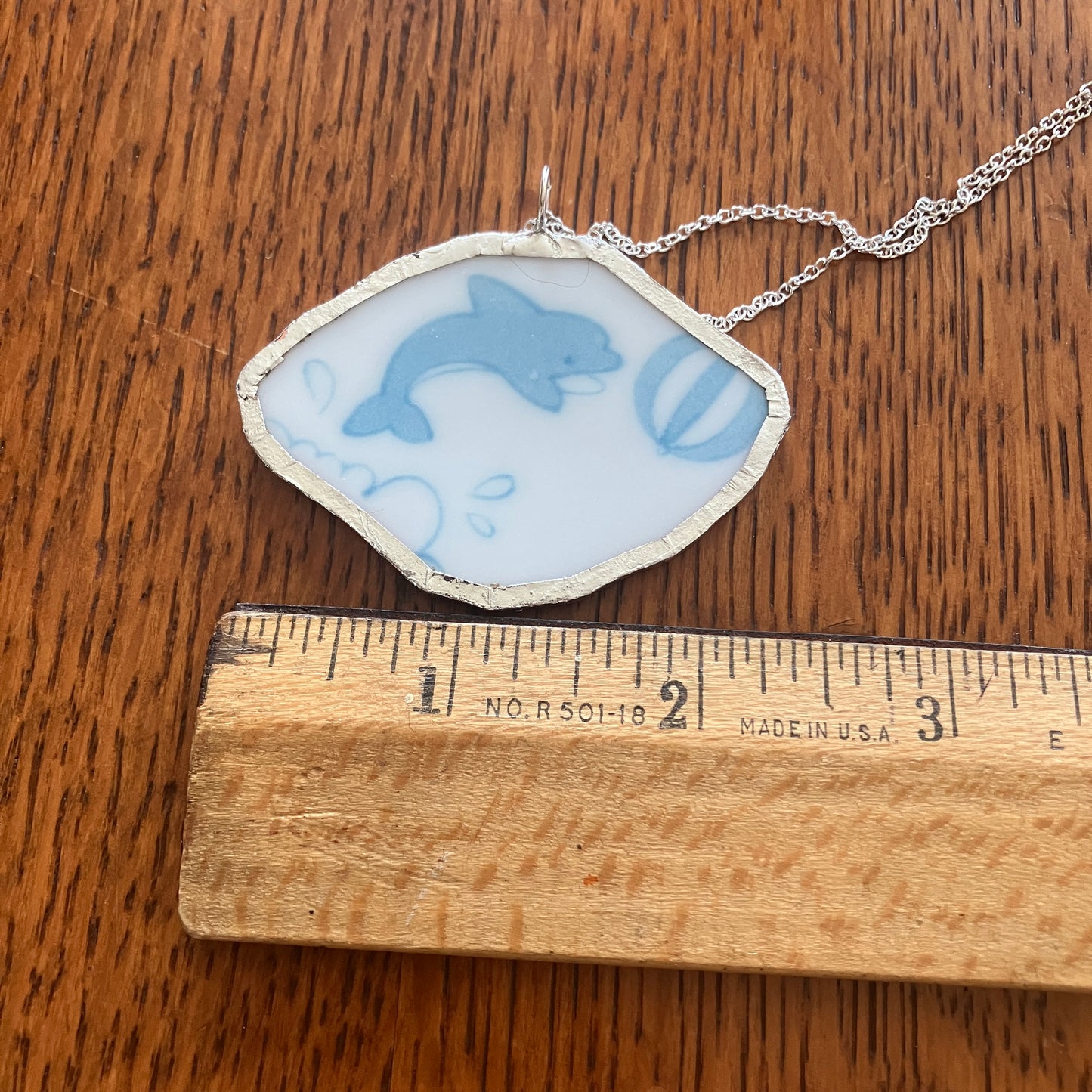 Broken Pottery Artisan Made Dolphin Pendant Haruka Japan Bowl Handcrafted Necklace 2 3/8 in x 1.5 in