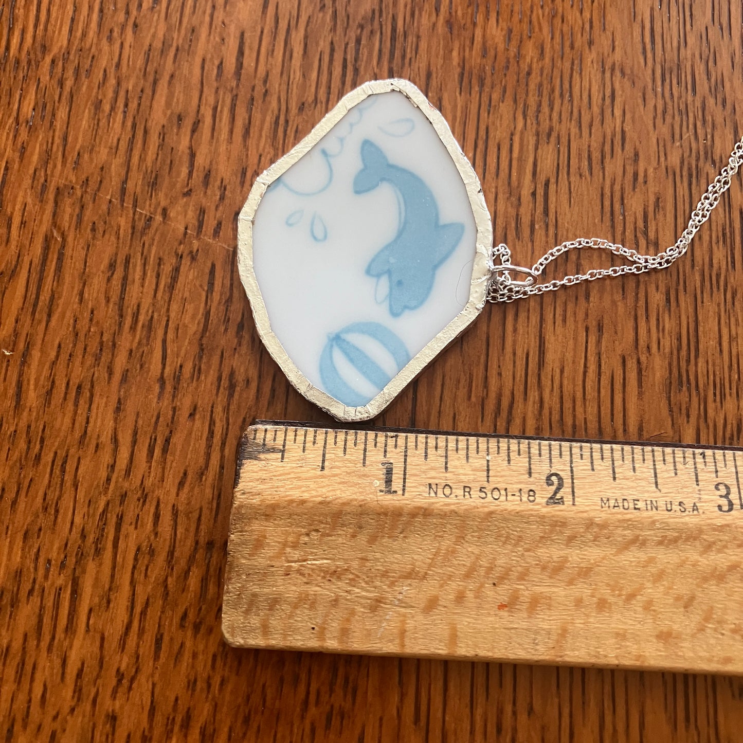 Broken Pottery Artisan Made Dolphin Pendant Haruka Japan Bowl Handcrafted Necklace 2 3/8 in x 1.5 in