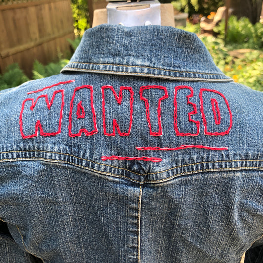 Wanted Upcycled Jean Jacket Hand Embroidered Size Medium