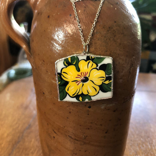 Broken Pottery Artisan Made Allamanda Flower Pendent Hawaii Collectors Plate Handcrafted Necklace 1.25in x 1.25in