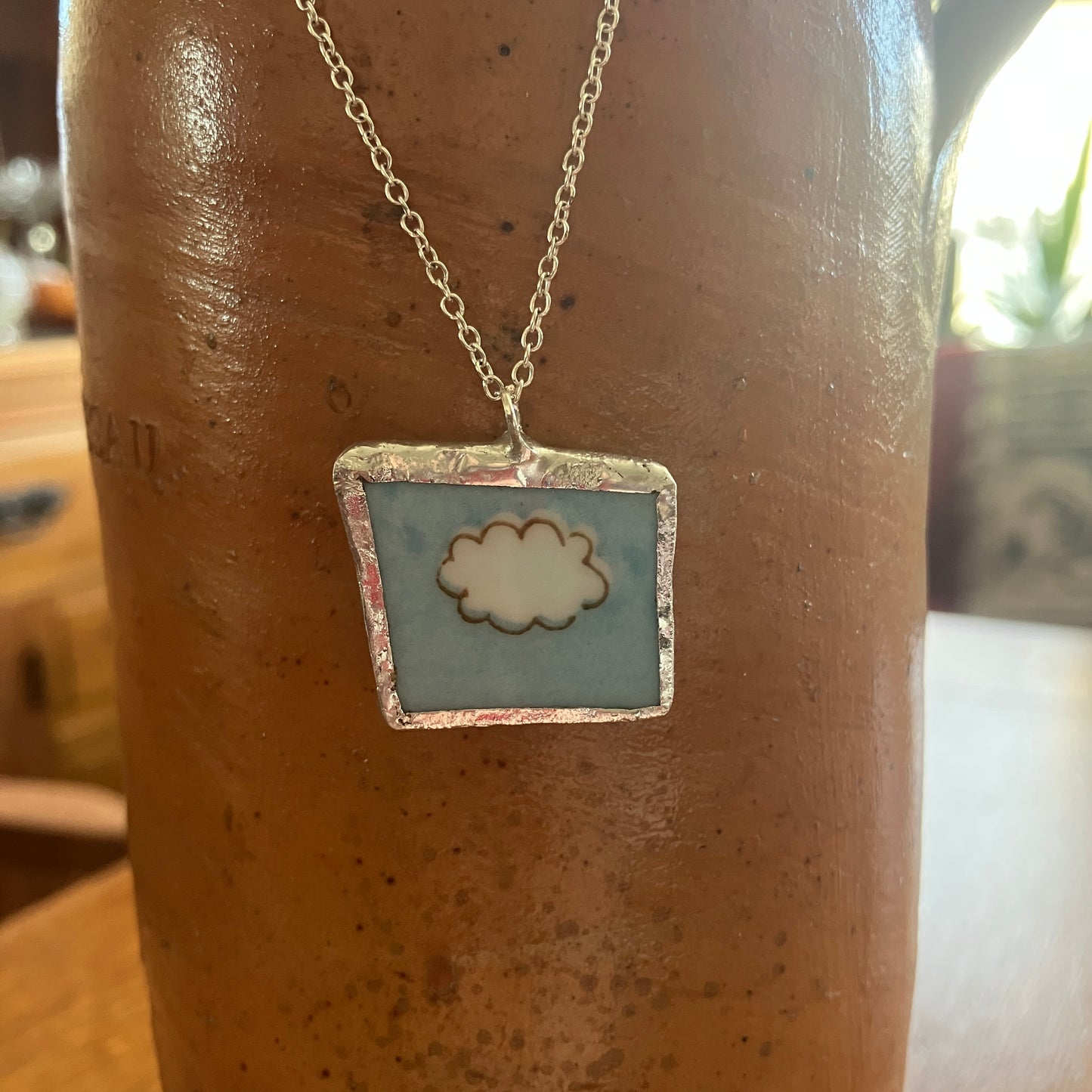 Broken Pottery Artisan Made Cloud Pendant Haruka Japan Bowl Handcrafted Necklace 1 in x 7/8 in
