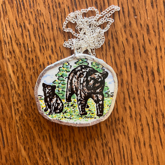 Broken Pottery Artisan Made Bear Pendant Great Smokey Mountain Plate Handcrafted Necklace 1 5/8 in x 1 3/8 in