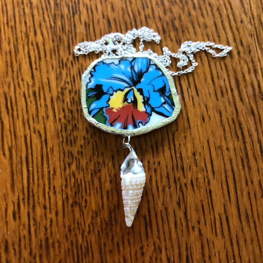 Broken Pottery Artisan Made Orchid Flower Cerith Shell Pendent Hawaii Collectors Plate Handcrafted Necklace 1.5in x 3in