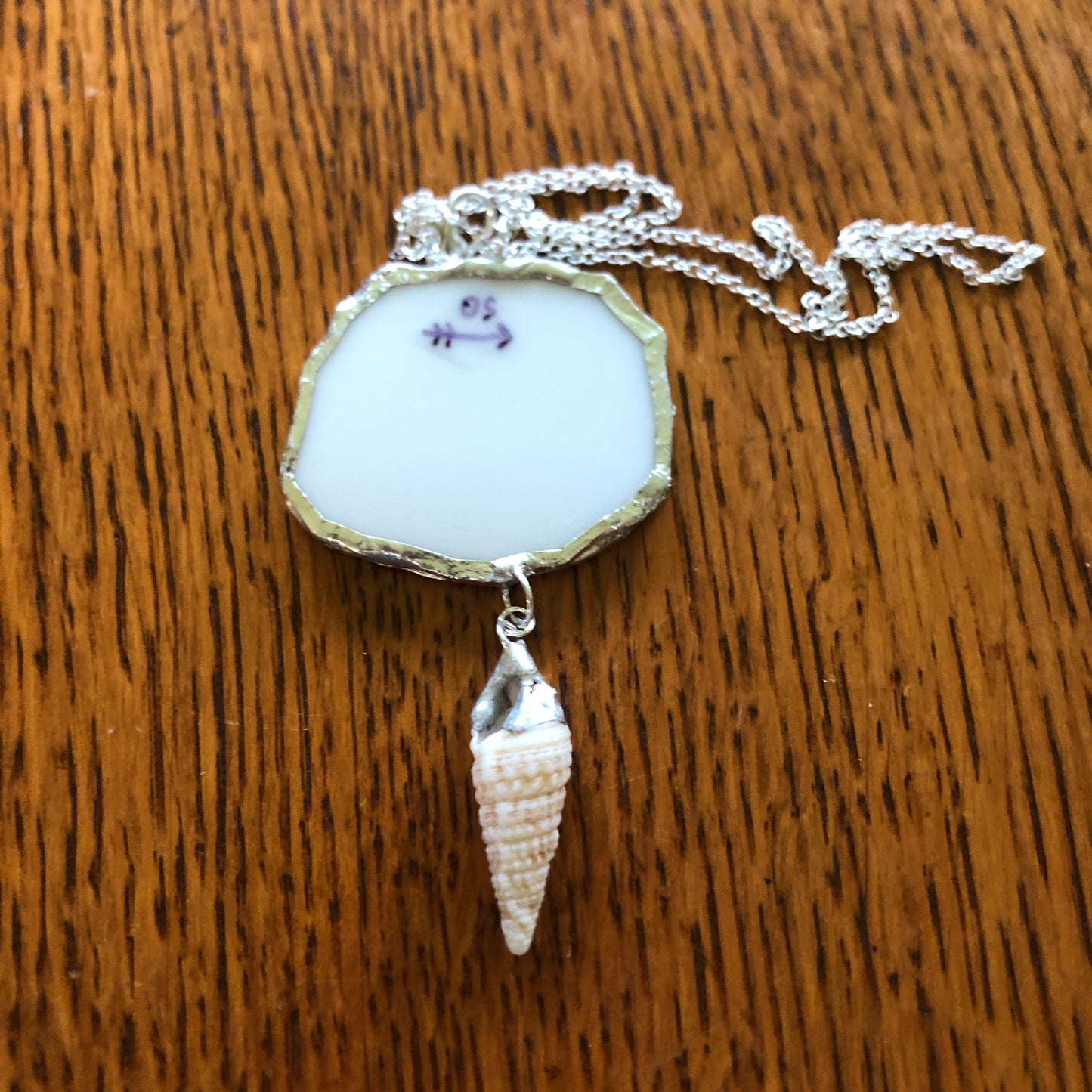 Broken Pottery Artisan Made Orchid Flower Cerith Shell Pendent Hawaii Collectors Plate Handcrafted Necklace 1.5in x 3in