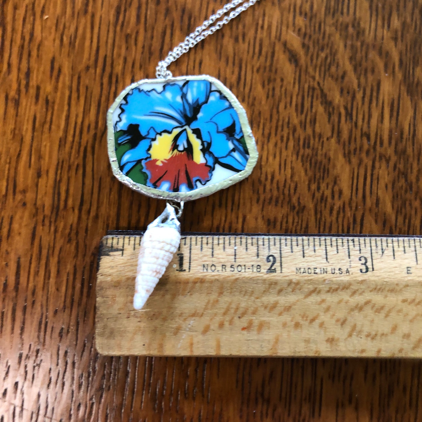 Broken Pottery Artisan Made Orchid Flower Cerith Shell Pendent Hawaii Collectors Plate Handcrafted Necklace 1.5in x 3in