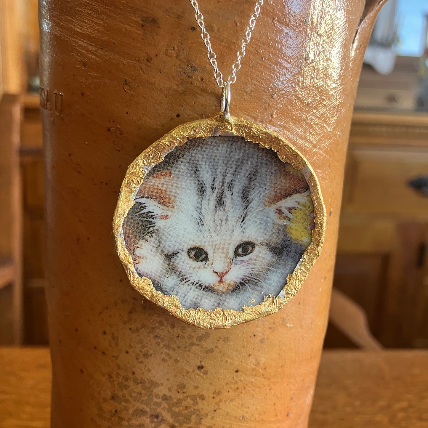 Broken Pottery Artisan Made Cat Pendant Kitten Collector Plate Handcrafted Necklace 1.75 in x 1.75 in