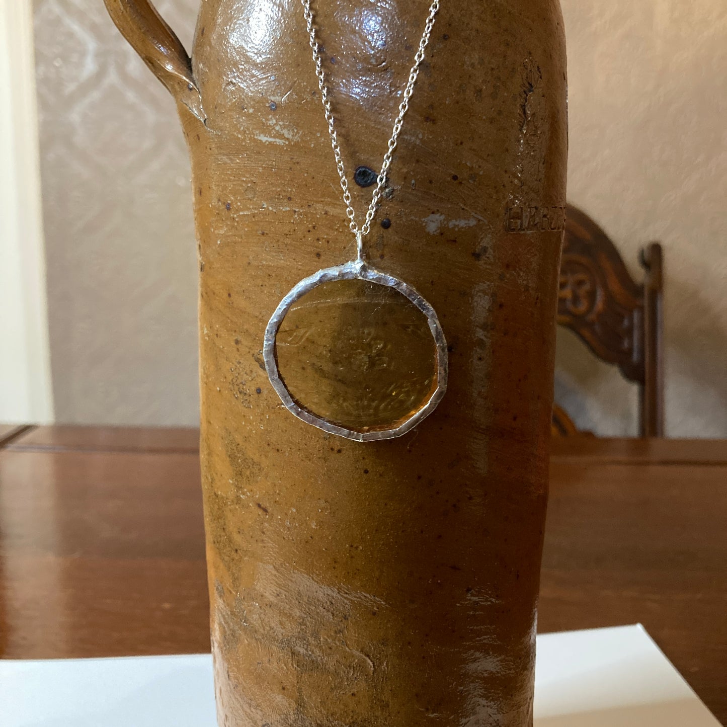 Artisan Made Pendant Yellow Depression Glass Plate Handcrafted Necklace 1 3/8 in x 1.5 in