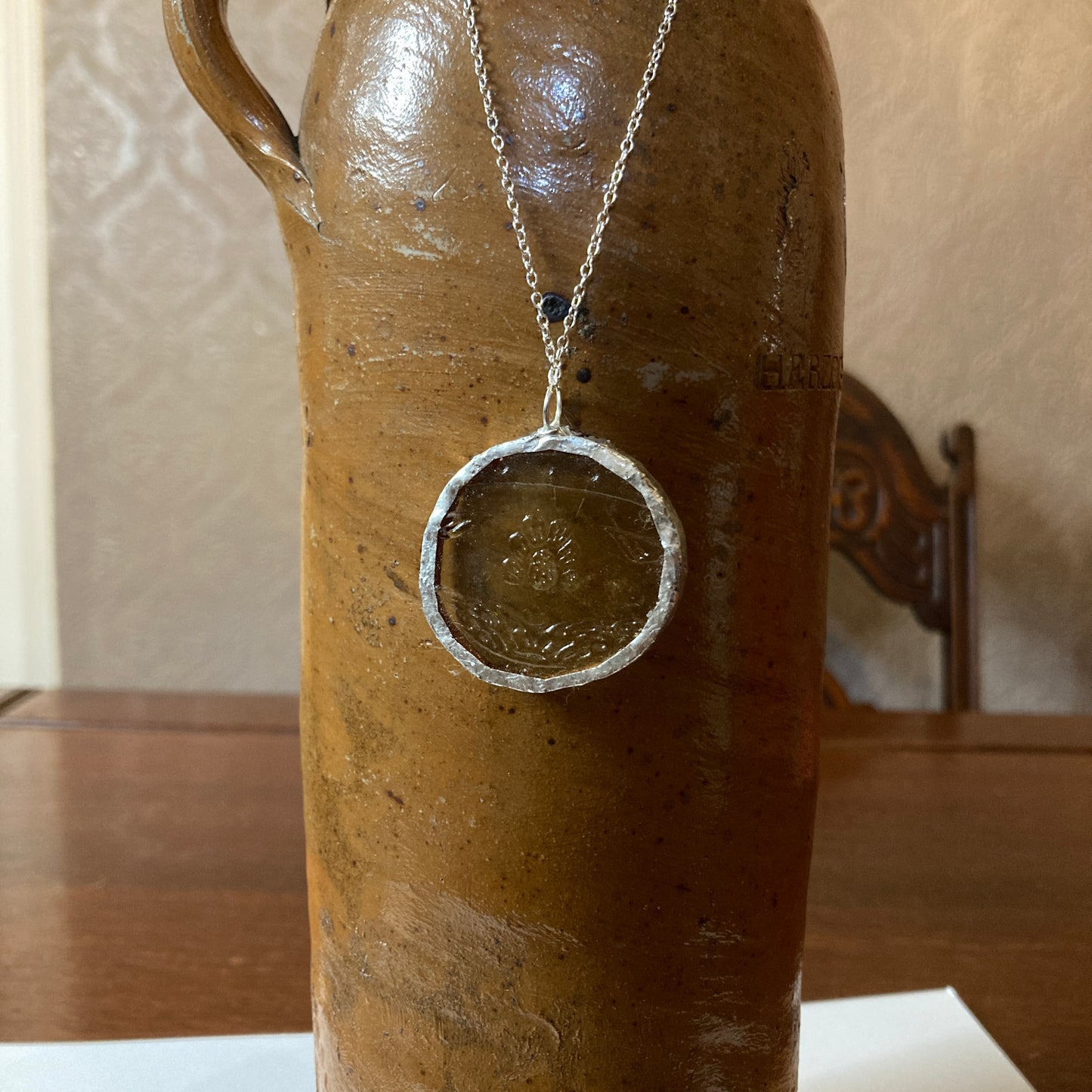 Artisan Made Pendant Yellow Depression Glass Plate Handcrafted Necklace 1 3/8 in x 1.5 in