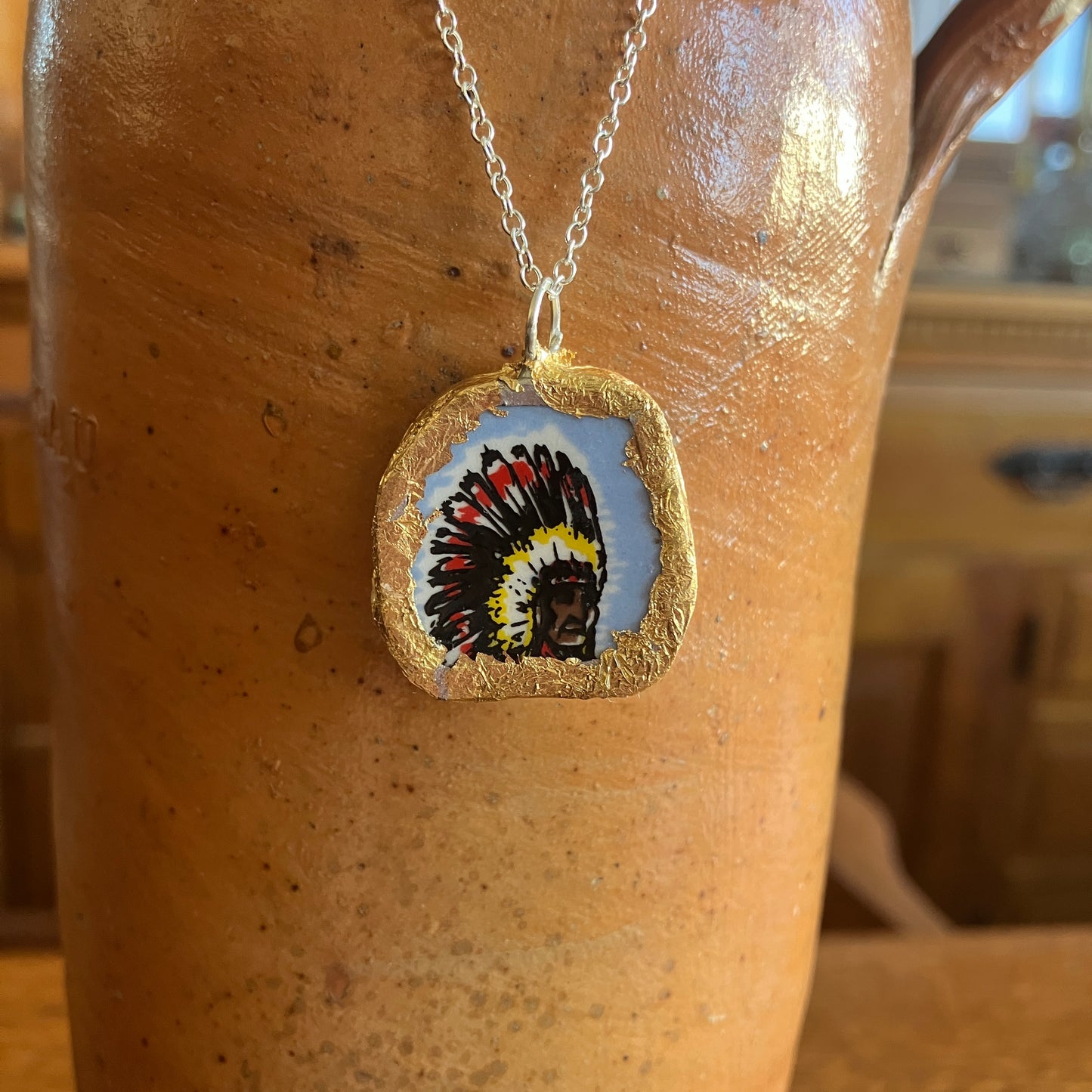 Broken Pottery Artisan Made Native American Pendant Great Smokey Mountain Plate Handcrafted Necklace 1 in x 1 in