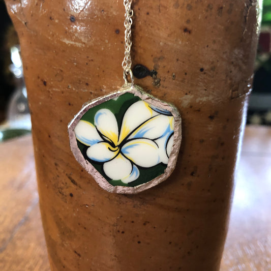 Broken Pottery Artisan Made Plumeria Flower Pendent Hawaii Collectors Plate Handcrafted Necklace 1.25in x 1.25in