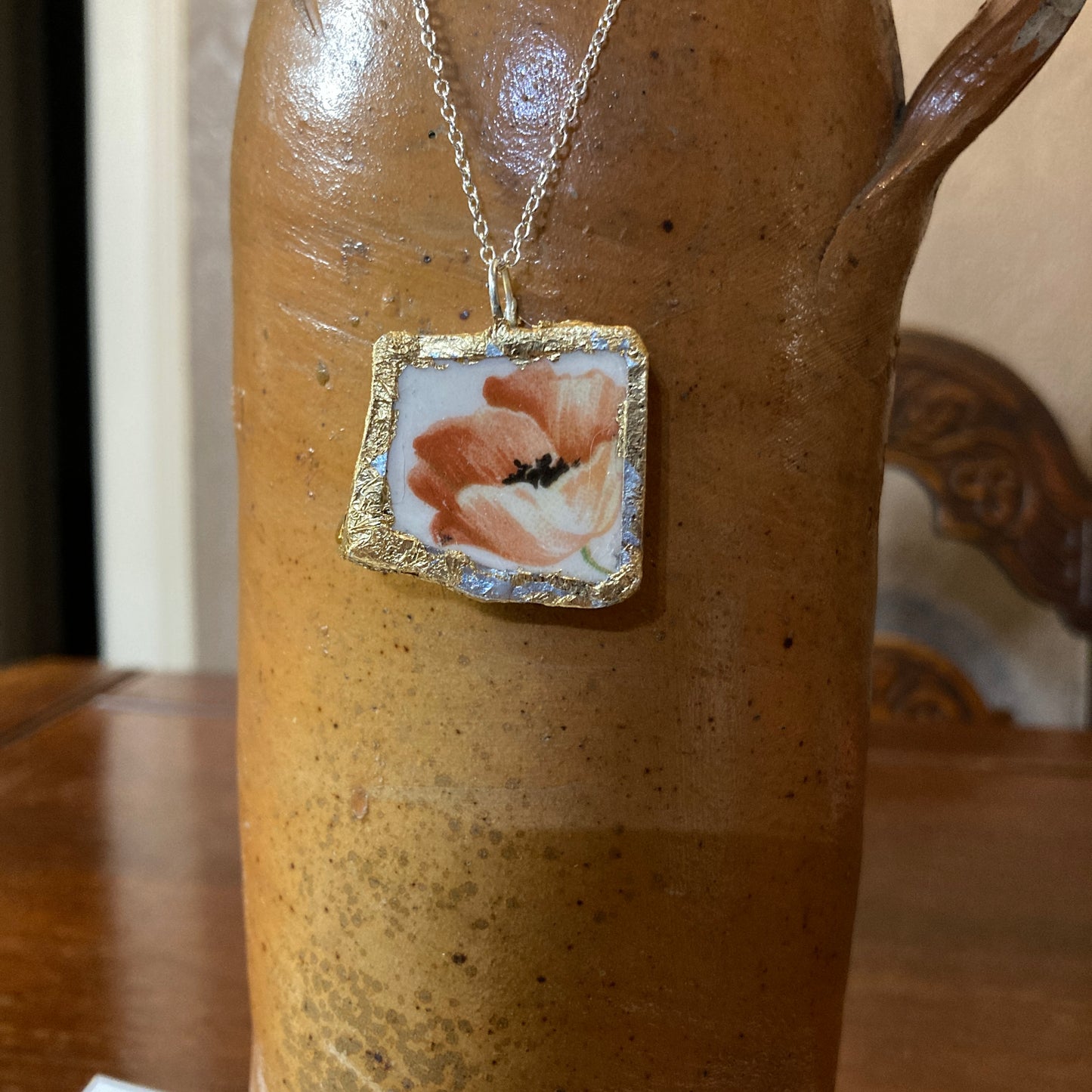 Broken Plate Artisan Made Poppy Flower Pendant Handcrafted Necklace 1 in x 1.25 in
