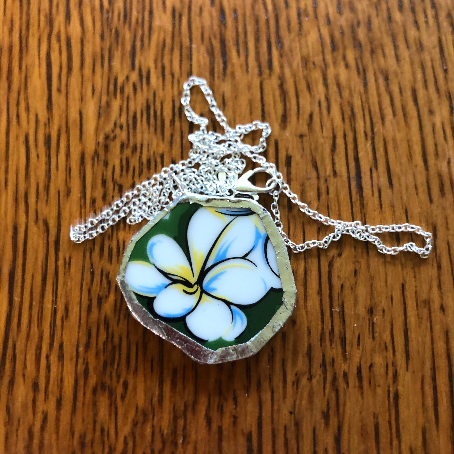 Broken Pottery Artisan Made Plumeria Flower Pendent Hawaii Collectors Plate Handcrafted Necklace 1.25in x 1.25in